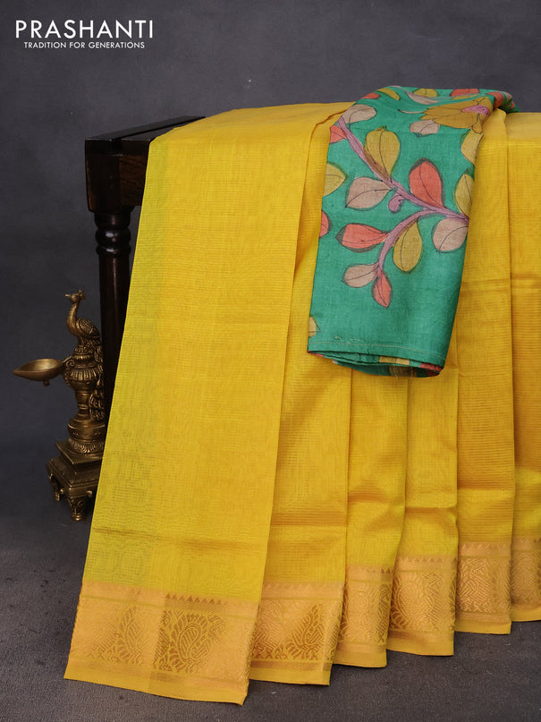 Mangalgiri silk cotton saree yellow and green with plain body and annam zari woven border & hand painted kalamkari blouse