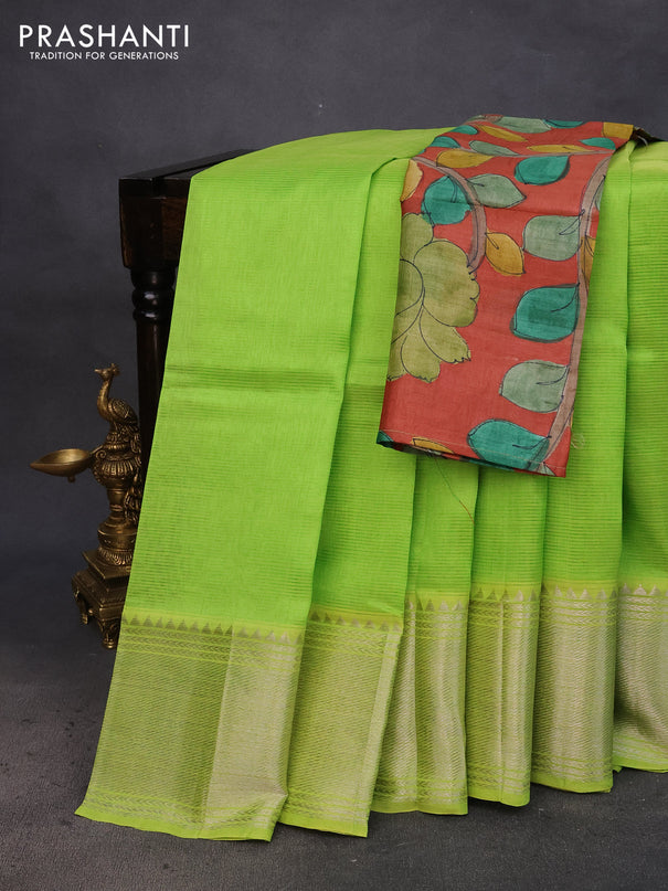 Mangalgiri silk cotton saree light green and rustic orange with plain body and silver zari woven border & hand painted kalamkari blouse