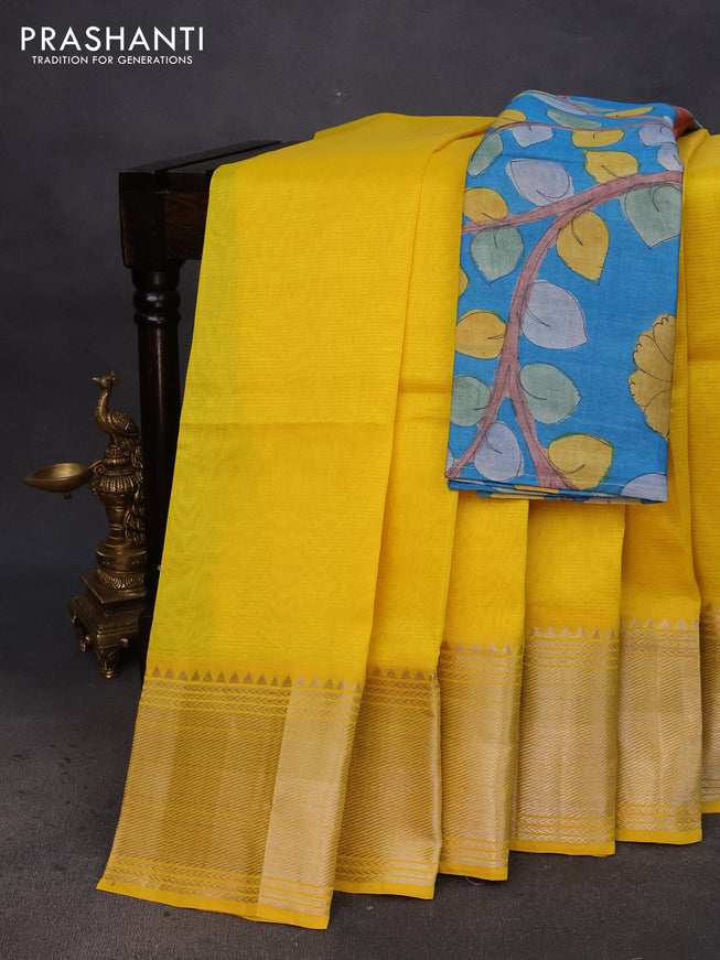 Mangalgiri silk cotton saree yellow and blue with plain body and silver zari woven border & hand painted kalamkari blouse