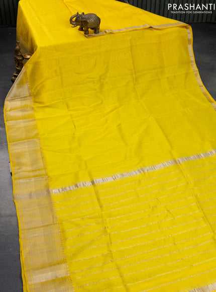 Mangalgiri silk cotton saree yellow and blue with plain body and silver zari woven border & hand painted kalamkari blouse