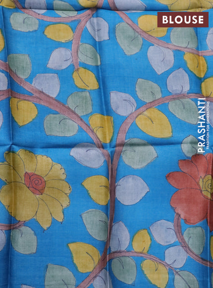 Mangalgiri silk cotton saree yellow and blue with plain body and silver zari woven border & hand painted kalamkari blouse