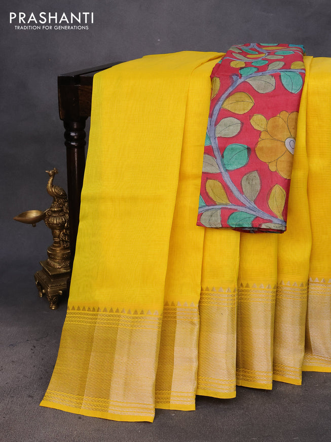 Mangalgiri silk cotton saree yellow and red with plain body and silver zari woven border & hand painted kalamkari blouse