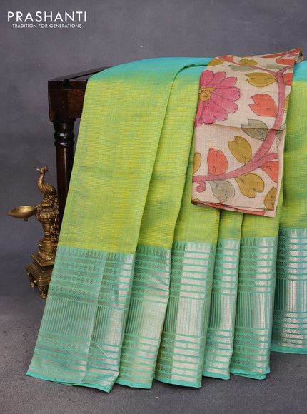 Mangalgiri silk cotton saree dual shade of light green and cream with plain body and silver zari woven border & hand painted kalamkari blouse