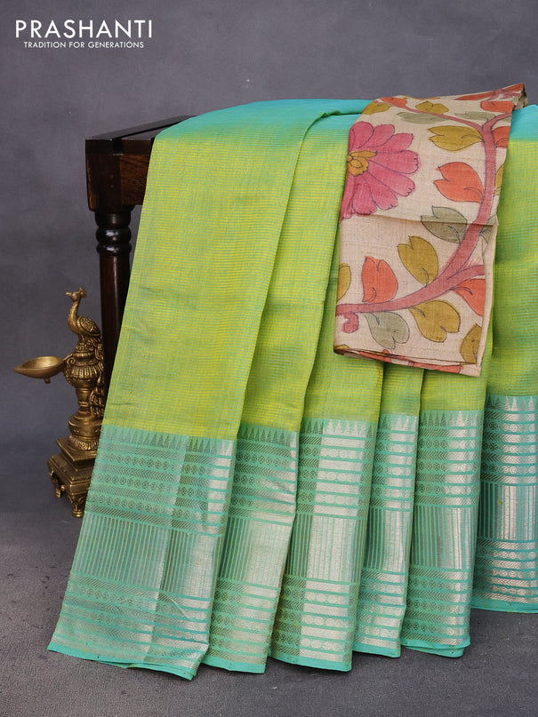 Mangalgiri silk cotton saree dual shade of light green and cream with plain body and silver zari woven border & hand painted kalamkari blouse