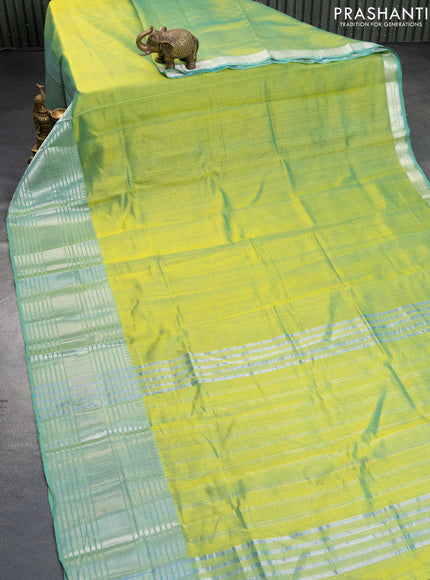 Mangalgiri silk cotton saree dual shade of light green and cream with plain body and silver zari woven border & hand painted kalamkari blouse