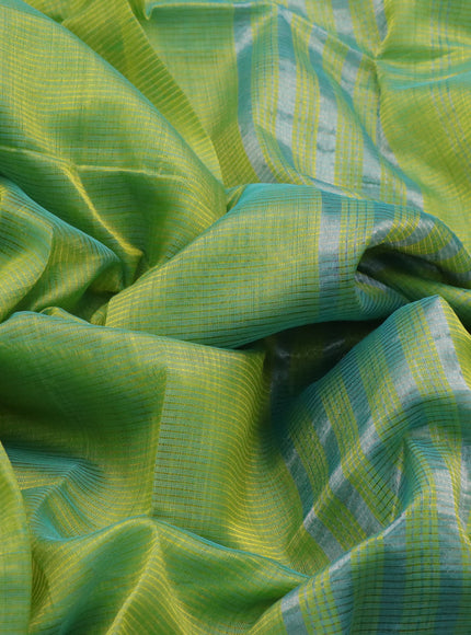 Mangalgiri silk cotton saree dual shade of light green and cream with plain body and silver zari woven border & hand painted kalamkari blouse