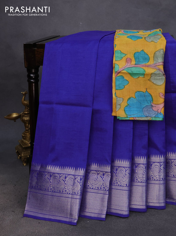 Mangalgiri silk cotton saree blue and blue shade with plain body and annam silver zari woven border & hand painted kalamkari blouse