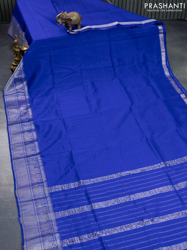 Mangalgiri silk cotton saree blue and blue shade with plain body and annam silver zari woven border & hand painted kalamkari blouse