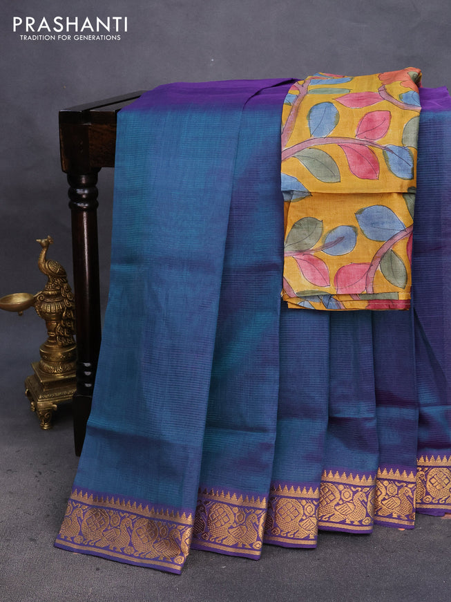 Mangalgiri silk cotton saree dual shade of greenish purple and mustard shade with plain body and annam zari woven border & hand painted kalamkari blouse