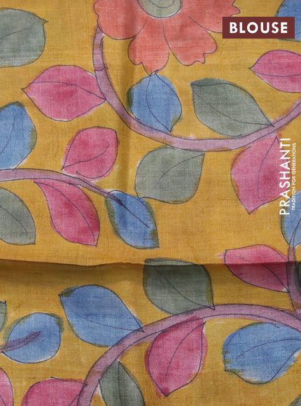 Mangalgiri silk cotton saree dual shade of greenish purple and mustard shade with plain body and annam zari woven border & hand painted kalamkari blouse