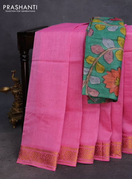 Mangalgiri silk cotton saree light pink with plain body and annam zari woven border & hand painted kalamkari blouse