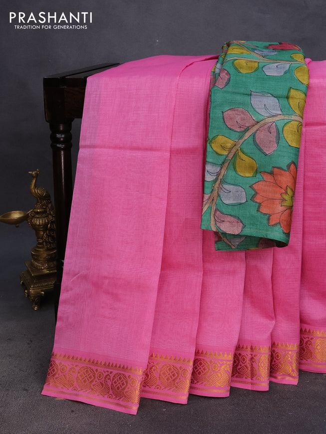 Mangalgiri silk cotton saree light pink with plain body and annam zari woven border & hand painted kalamkari blouse