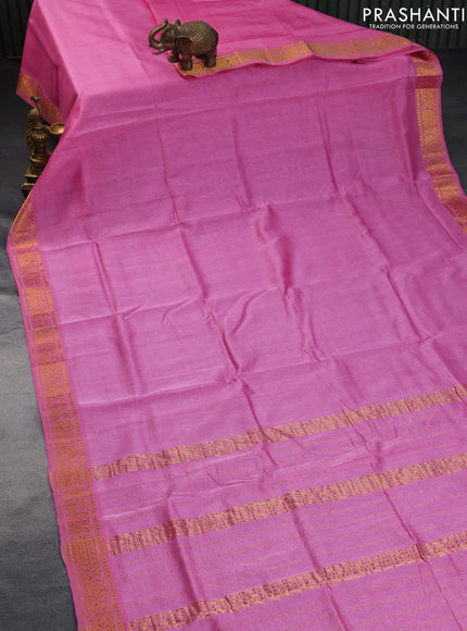 Mangalgiri silk cotton saree light pink with plain body and annam zari woven border & hand painted kalamkari blouse