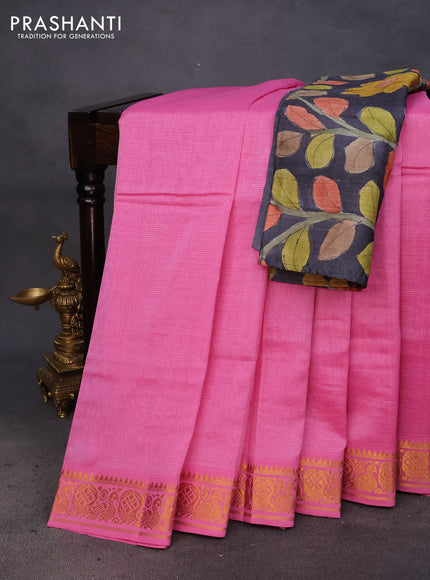 Mangalgiri silk cotton saree light pink and elephant grey with plain body and annam zari woven border & hand painted kalamkari blouse