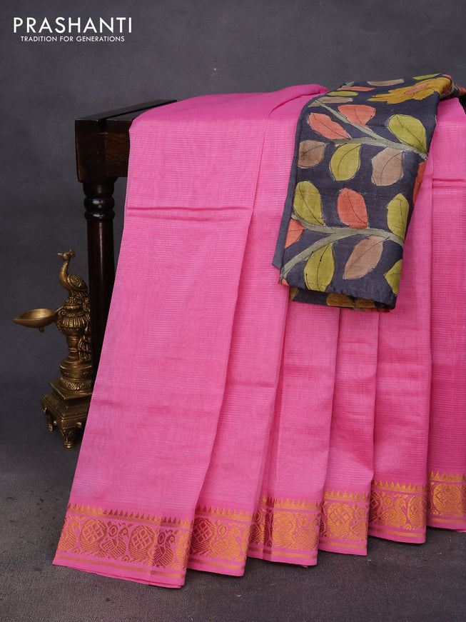 Mangalgiri silk cotton saree light pink and elephant grey with plain body and annam zari woven border & hand painted kalamkari blouse