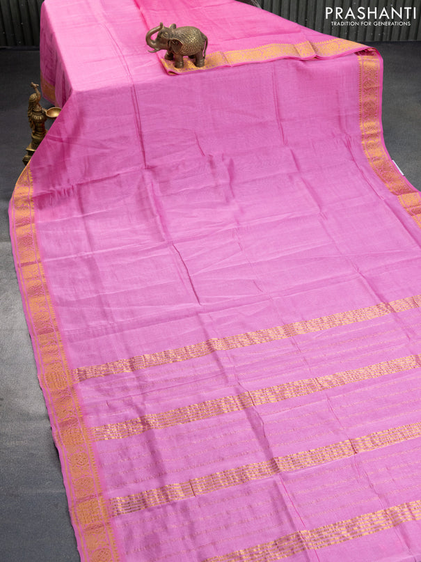 Mangalgiri silk cotton saree light pink and elephant grey with plain body and annam zari woven border & hand painted kalamkari blouse