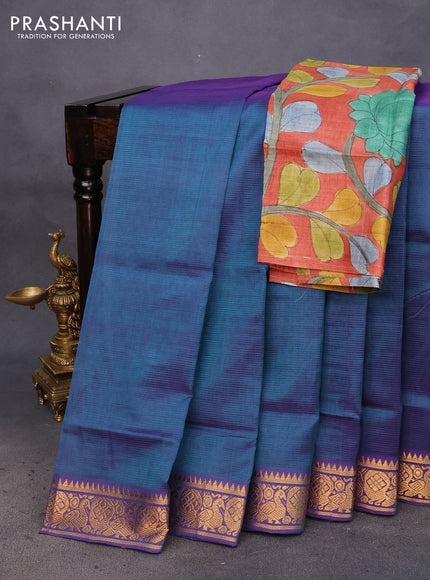 Mangalgiri silk cotton saree dual shade of bluish green and violet with plain body and annam silver zari woven border & hand painted kalamkari blouse