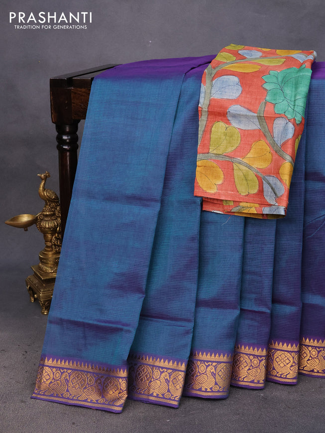 Mangalgiri silk cotton saree dual shade of bluish green and violet with plain body and annam silver zari woven border & hand painted kalamkari blouse