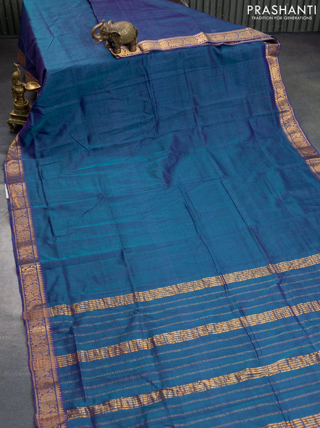 Mangalgiri silk cotton saree dual shade of bluish green and violet with plain body and annam silver zari woven border & hand painted kalamkari blouse