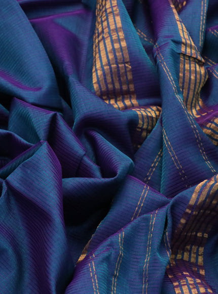 Mangalgiri silk cotton saree dual shade of bluish green and violet with plain body and annam silver zari woven border & hand painted kalamkari blouse