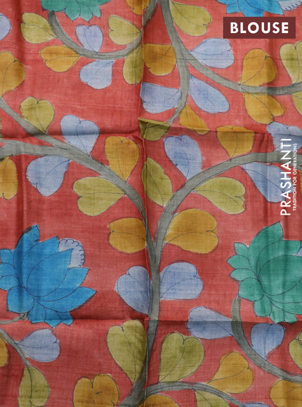 Mangalgiri silk cotton saree dual shade of bluish green and violet with plain body and annam silver zari woven border & hand painted kalamkari blouse