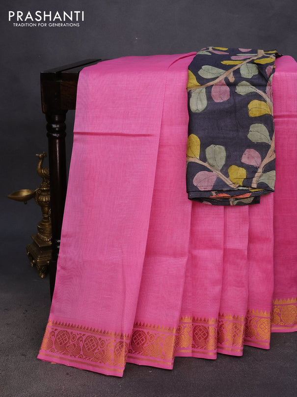 Mangalgiri silk cotton saree light pink and elephant grey with plain body and annam zari woven border & hand painted kalamkari blouse