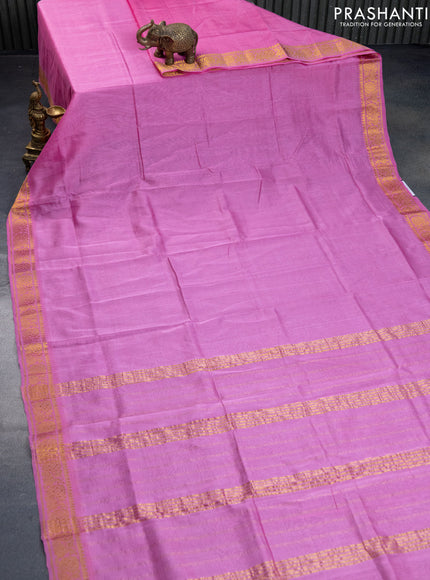 Mangalgiri silk cotton saree light pink and elephant grey with plain body and annam zari woven border & hand painted kalamkari blouse