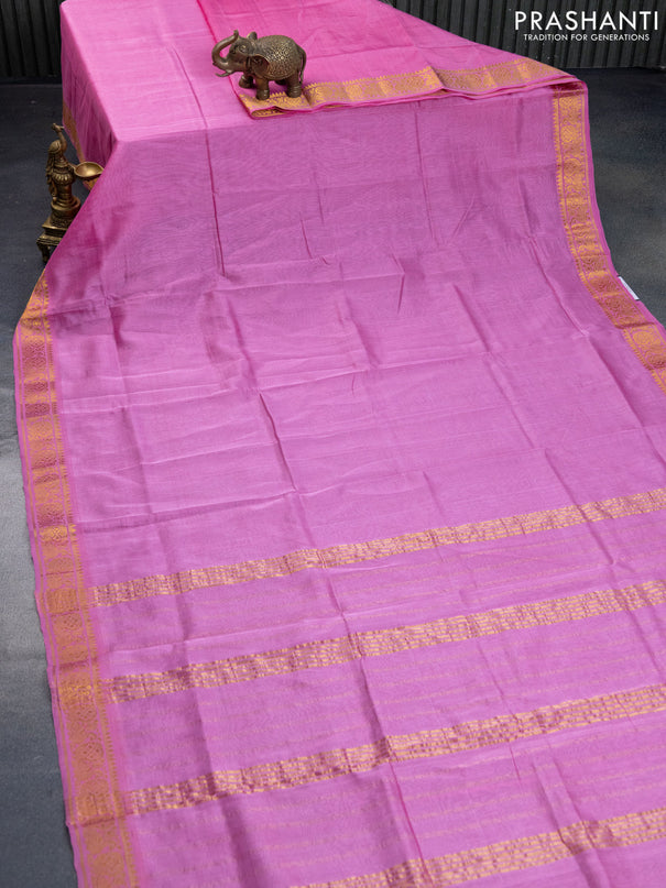 Mangalgiri silk cotton saree light pink and elephant grey with plain body and annam zari woven border & hand painted kalamkari blouse