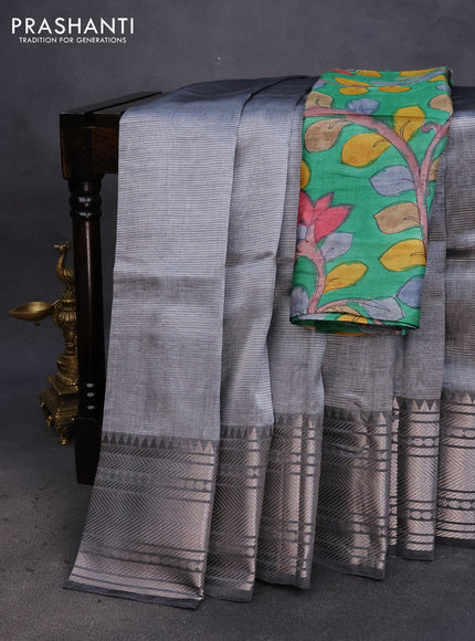 Mangalgiri silk cotton saree pastel grey and green with plain body and silver zari woven border & hand painted kalamkari blouse