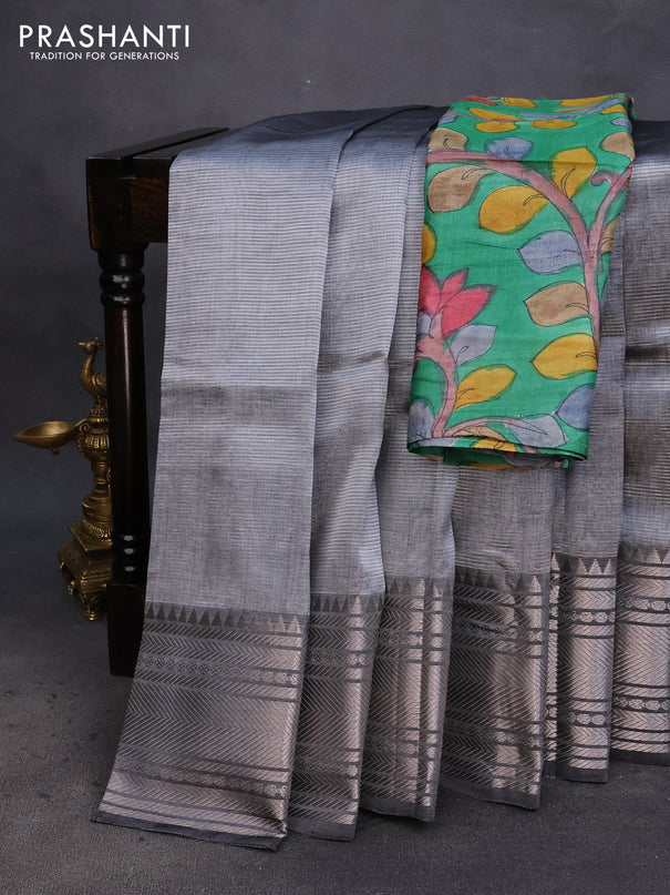 Mangalgiri silk cotton saree pastel grey and green with plain body and silver zari woven border & hand painted kalamkari blouse