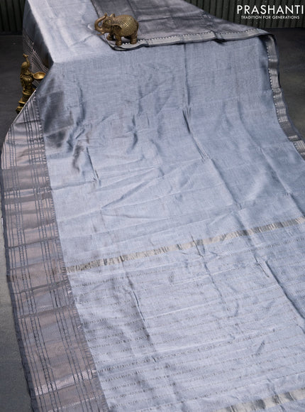 Mangalgiri silk cotton saree pastel grey and green with plain body and silver zari woven border & hand painted kalamkari blouse