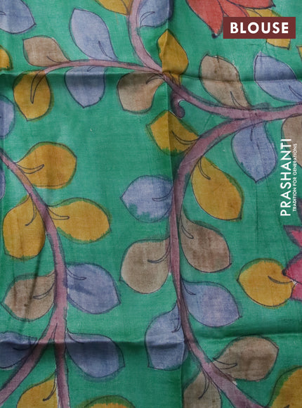 Mangalgiri silk cotton saree pastel grey and green with plain body and silver zari woven border & hand painted kalamkari blouse