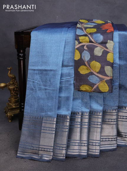 Mangalgiri silk cotton saree blue shade and elephant grey with plain body and silver zari woven border & hand painted kalamkari blouse