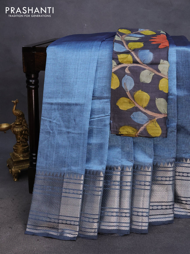 Mangalgiri silk cotton saree blue shade and elephant grey with plain body and silver zari woven border & hand painted kalamkari blouse