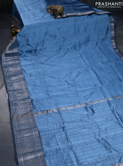 Mangalgiri silk cotton saree blue shade and elephant grey with plain body and silver zari woven border & hand painted kalamkari blouse