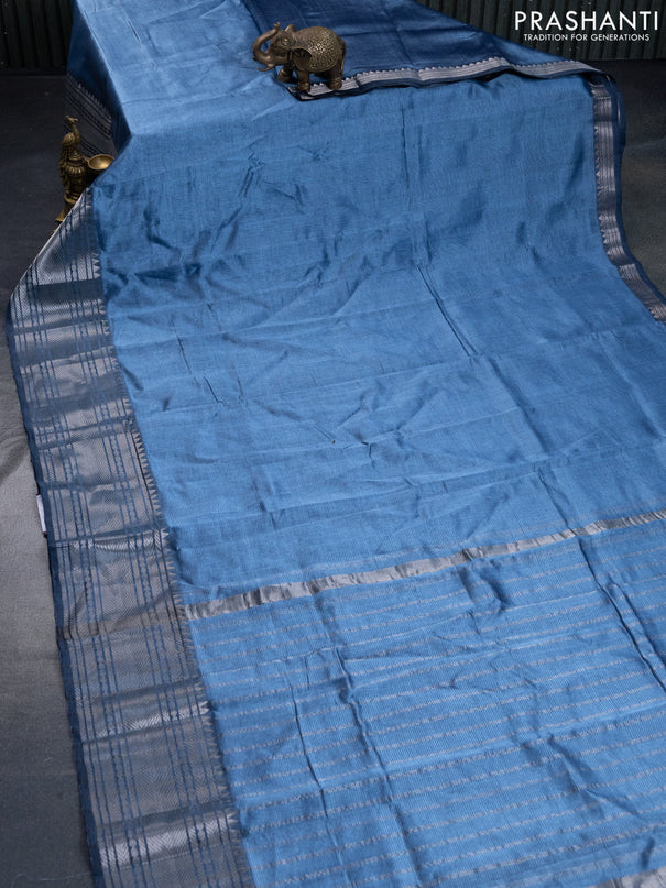 Mangalgiri silk cotton saree blue shade and elephant grey with plain body and silver zari woven border & hand painted kalamkari blouse