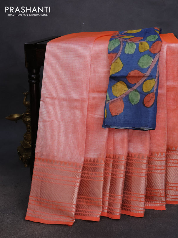 Mangalgiri silk cotton saree orange and blue with plain body and silver zari woven border & hand painted kalamkari blouse