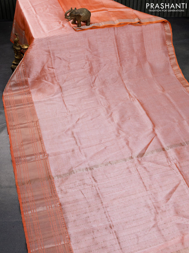 Mangalgiri silk cotton saree orange and blue with plain body and silver zari woven border & hand painted kalamkari blouse