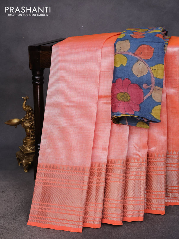 Mangalgiri silk cotton saree orange and blue with plain body and silver zari woven border & hand painted kalamkari blouse