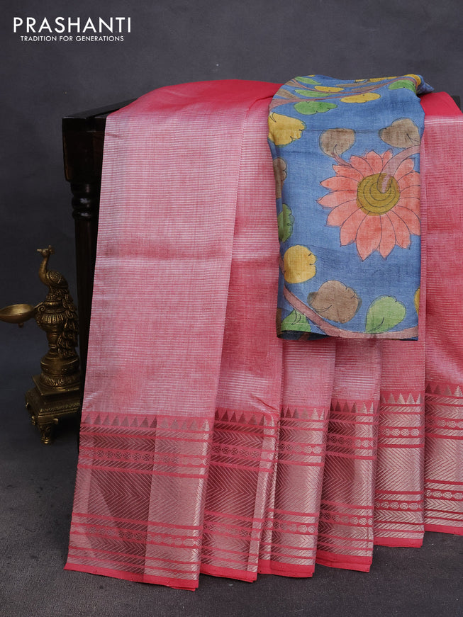 Mangalgiri silk cotton saree pink shade and blue shade with plain body and silver zari woven border & hand painted kalamkari blouse