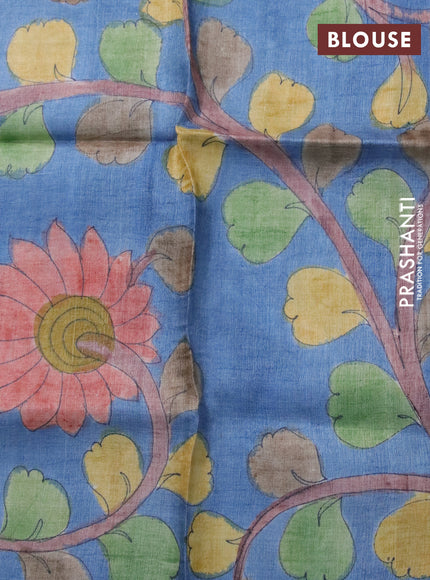 Mangalgiri silk cotton saree pink shade and blue shade with plain body and silver zari woven border & hand painted kalamkari blouse