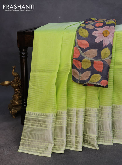 Mangalgiri silk cotton saree light green and elephant grey with plain body and silver zari woven border & hand painted kalamkari blouse