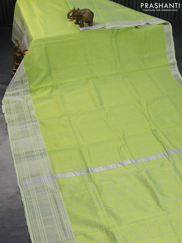 Mangalgiri silk cotton saree light green and elephant grey with plain body and silver zari woven border & hand painted kalamkari blouse