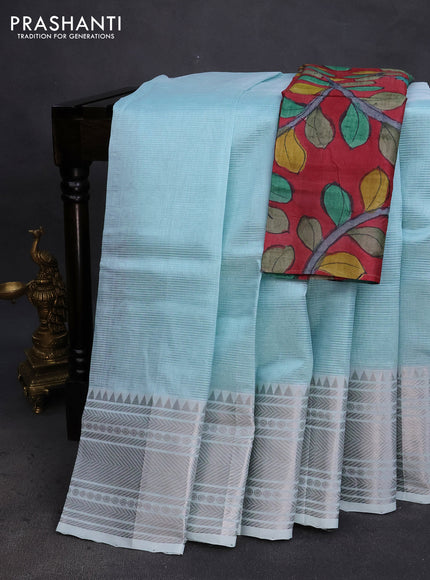 Mangalgiri silk cotton saree light blue and maroon with plain body and silver zari woven border & hand painted kalamkari blouse