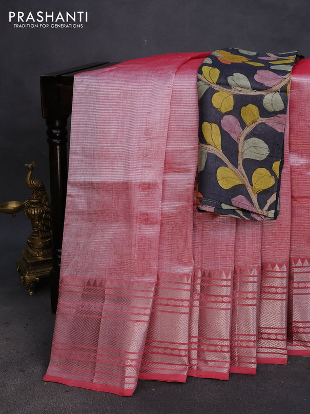 Mangalgiri silk cotton saree pink shade and elephant grey with plain body and silver zari woven border & hand painted kalamkari blouse