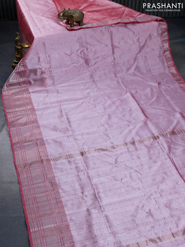 Mangalgiri silk cotton saree pink shade and elephant grey with plain body and silver zari woven border & hand painted kalamkari blouse