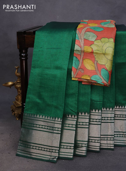 Mangalgiri silk cotton saree green and rustic orange with plain body and silver zari woven border & hand painted kalamkari blouse