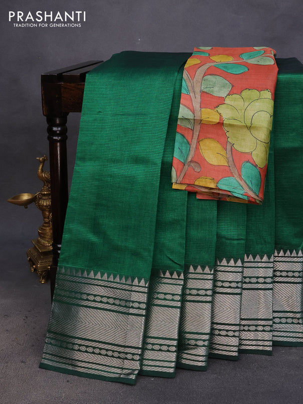 Mangalgiri silk cotton saree green and rustic orange with plain body and silver zari woven border & hand painted kalamkari blouse