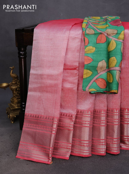 Mangalgiri silk cotton saree dual shade of pink and green with plain body and silver zari woven border & hand painted kalamkari blouse