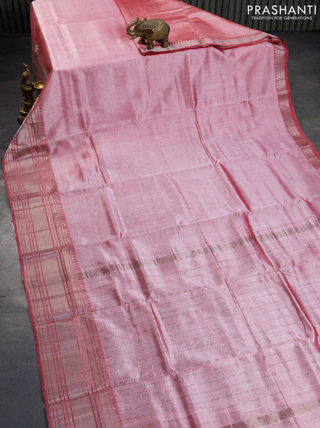 Mangalgiri silk cotton saree dual shade of pink and green with plain body and silver zari woven border & hand painted kalamkari blouse